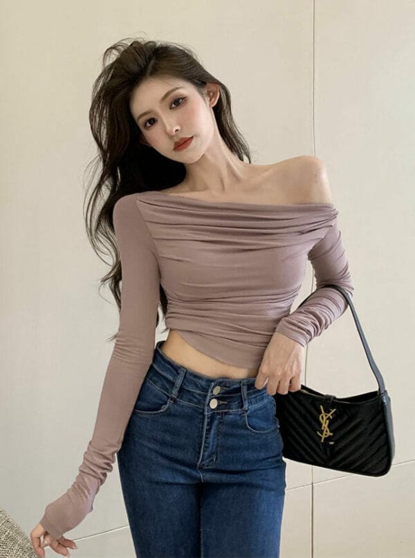 Stylish Off Shoulder Pleated Slim Cotton Short T-shirt 3