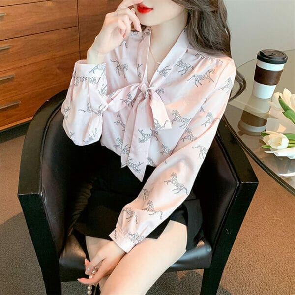 Stylish Tie Collar Printings Long Sleeve Blouse 5