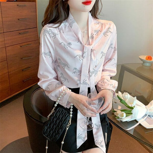 Stylish Tie Collar Printings Long Sleeve Blouse 4