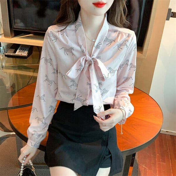 Stylish Tie Collar Printings Long Sleeve Blouse 3