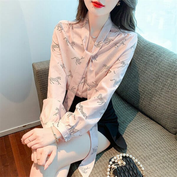 Stylish Tie Collar Printings Long Sleeve Blouse 2