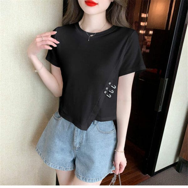 Summer 2 Colors Round Neck Pins Cotton T-shirt 6