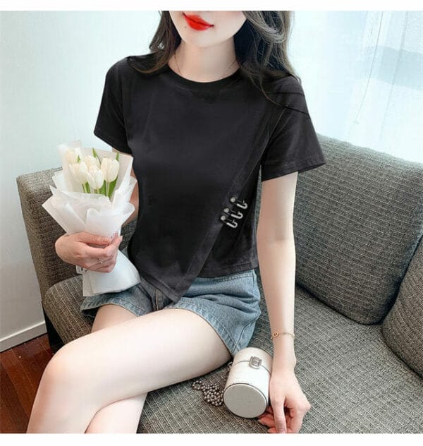 Summer 2 Colors Round Neck Pins Cotton T-shirt 4