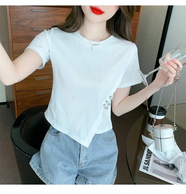 Summer 2 Colors Round Neck Pins Cotton T-shirt 3