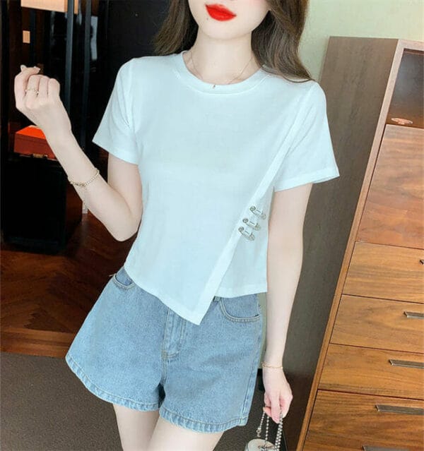 Summer 2 Colors Round Neck Pins Cotton T-shirt 2