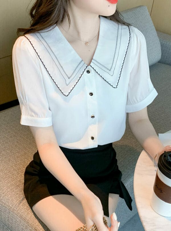 Summer Doll Collar Buttons Open Short Sleeve Blouse 5