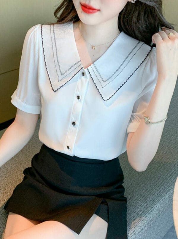 Summer Doll Collar Buttons Open Short Sleeve Blouse 4