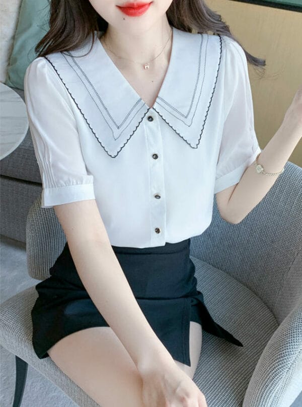 Summer Doll Collar Buttons Open Short Sleeve Blouse 3