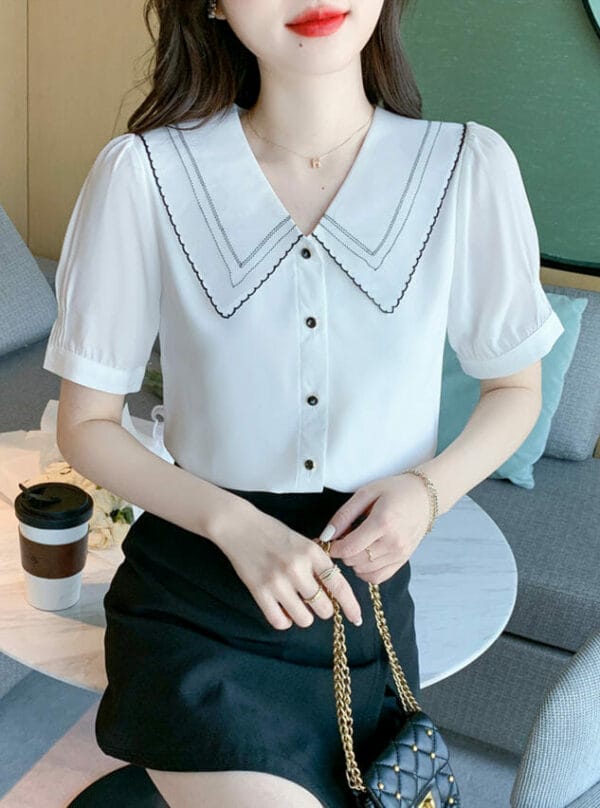 Summer Doll Collar Buttons Open Short Sleeve Blouse 2