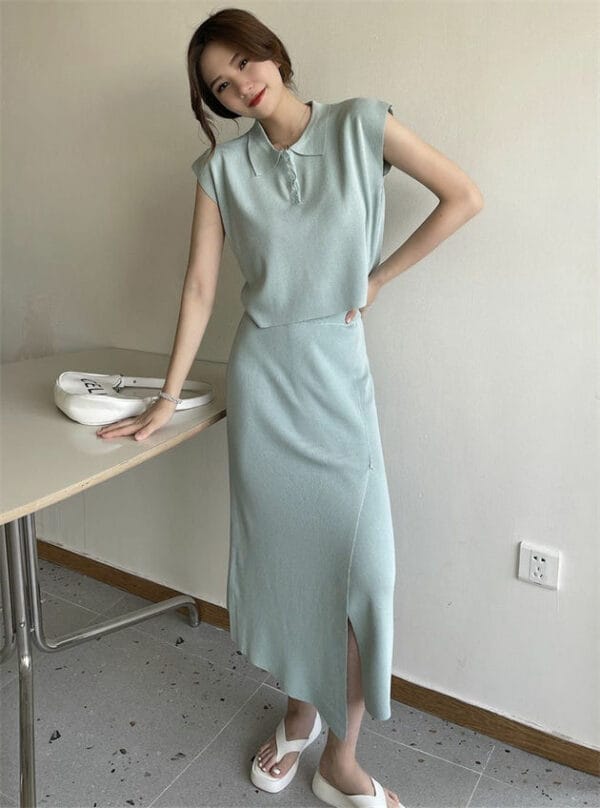 Summer Fashion 5 Colors Knitting Tops with Split Long Skirt 2
