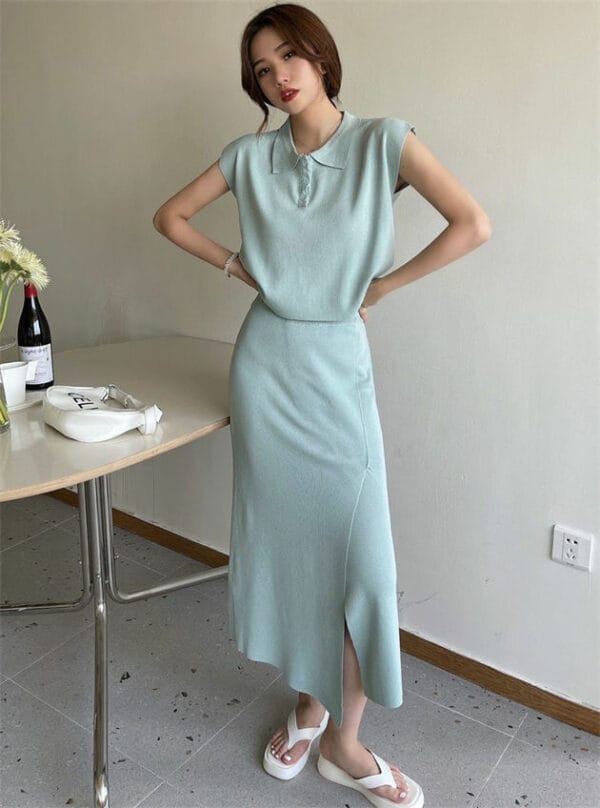 Summer Fashion 5 Colors Knitting Tops with Split Long Skirt 1