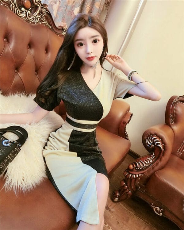 Summer Fashion Color Block V-neck Tie Waist Slim Dress 2