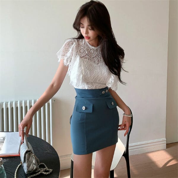 Summer Fashion Flouncing Lace Blouse with Slim Short Skirt 3