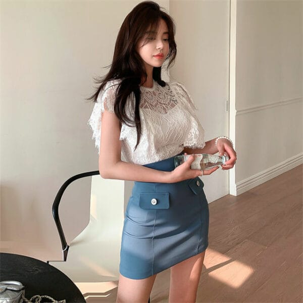 Summer Fashion Flouncing Lace Blouse with Slim Short Skirt 2