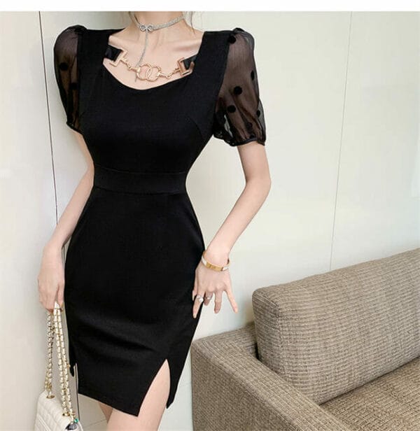 Summer Fashion Round Neck Dots Puff Sleeve Slim Dress 4