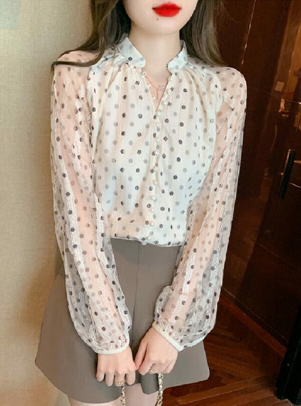Summer Fashion V-neck Dots Lace Splicing Long Sleeve Blouse 1