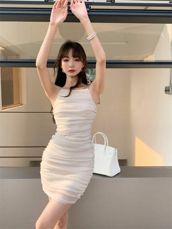 Summer Hot Selling Gauze Pleated Straps Slim Dress 4