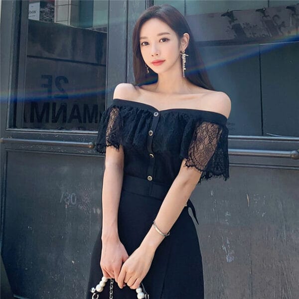 Summer Lace Boat Neck Blouse with Split Chiffon Skirt 3