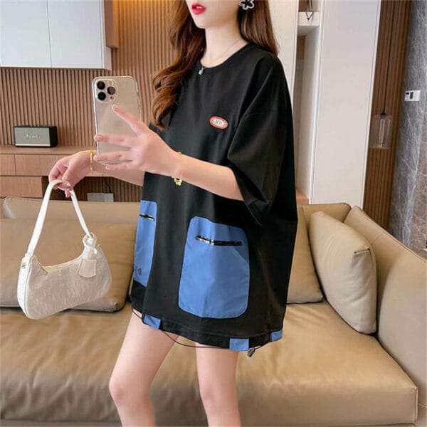 Summer New 2 Colors Block Pockets Loosen Cotton Tees 5