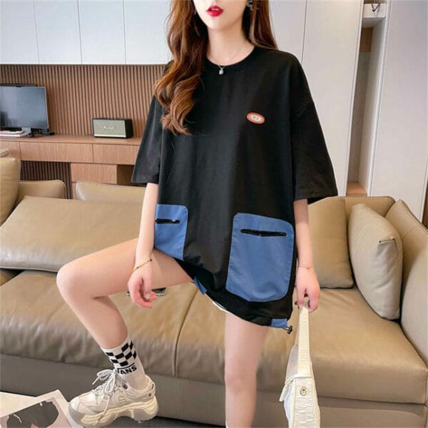 Summer New 2 Colors Block Pockets Loosen Cotton Tees 4