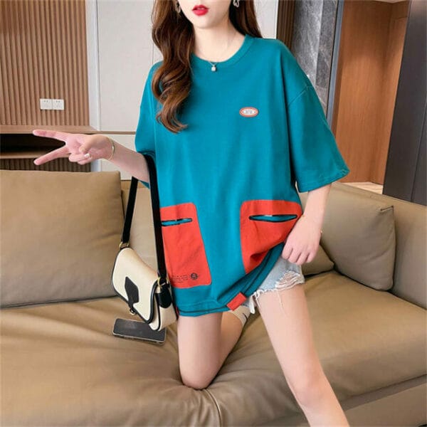 Summer New 2 Colors Block Pockets Loosen Cotton Tees 2