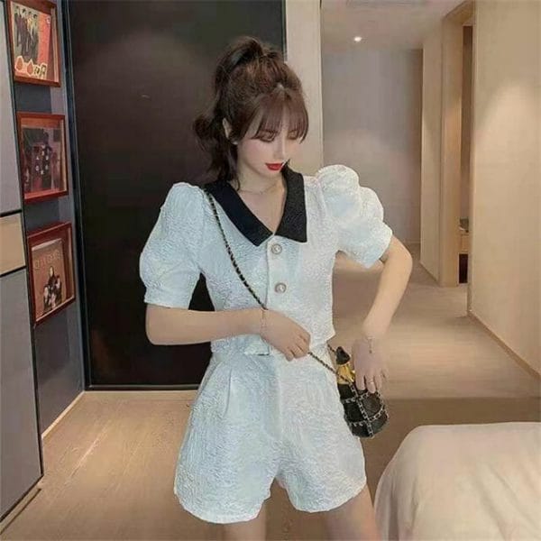 Summer New 2 Colors Doll Collar Jacquard Short Suits 2