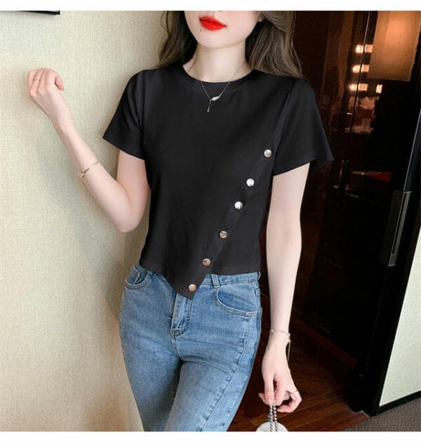 Summer New 2 Colors Slopping Buttons Cotton T-shirts 6