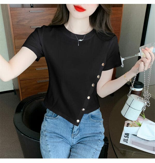 Summer New 2 Colors Slopping Buttons Cotton T-shirts 5