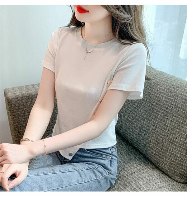 Summer New 2 Colors Slopping Buttons Cotton T-shirts 3