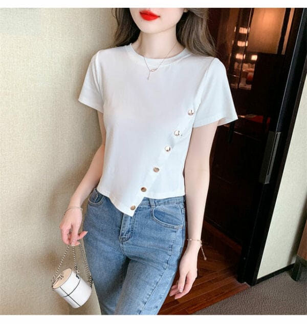 Summer New 2 Colors Slopping Buttons Cotton T-shirts 2