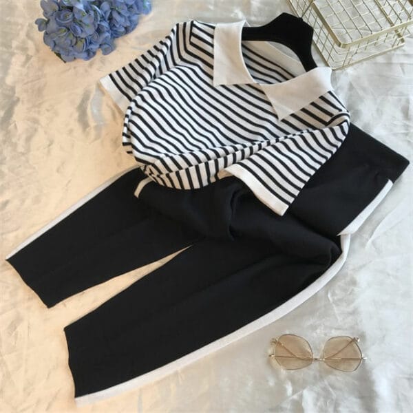 Summer New 2 Colors Stripes Knitting Tops with Cropped Pants 6