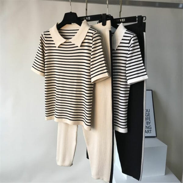 Summer New 2 Colors Stripes Knitting Tops with Cropped Pants 5