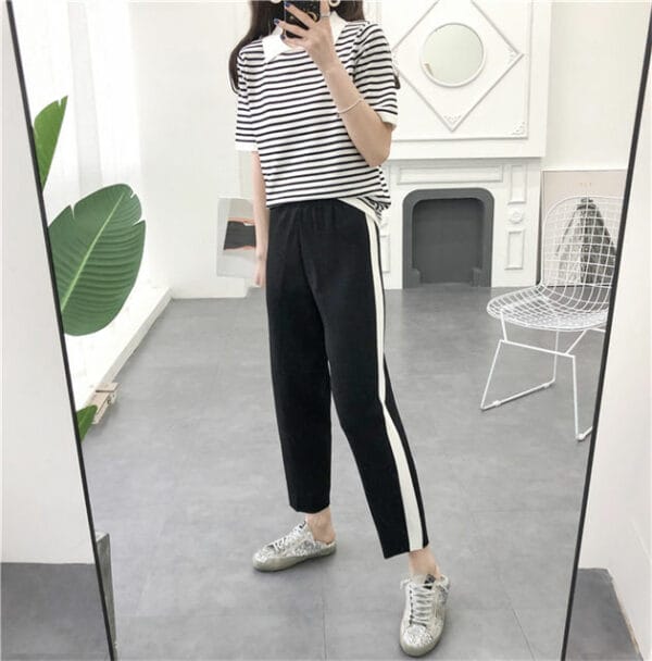 Summer New 2 Colors Stripes Knitting Tops with Cropped Pants 4