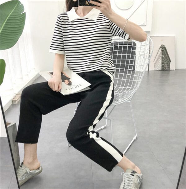 Summer New 2 Colors Stripes Knitting Tops with Cropped Pants 3