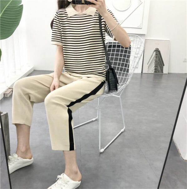 Summer New 2 Colors Stripes Knitting Tops with Cropped Pants 2