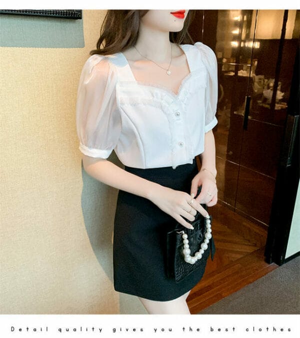 Summer New 3 Colors Square Collar Puff Sleeve Blouse 5