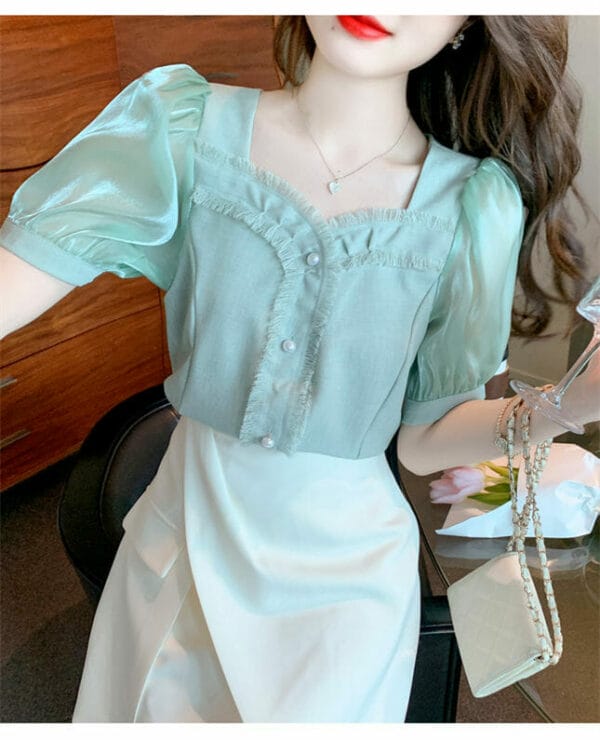 Summer New 3 Colors Square Collar Puff Sleeve Blouse 3