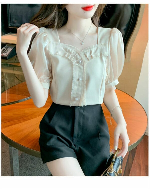 Summer New 3 Colors Square Collar Puff Sleeve Blouse 2
