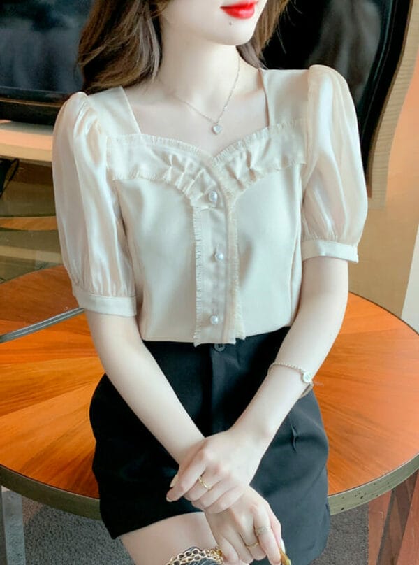 Summer New 3 Colors Square Collar Puff Sleeve Blouse 1