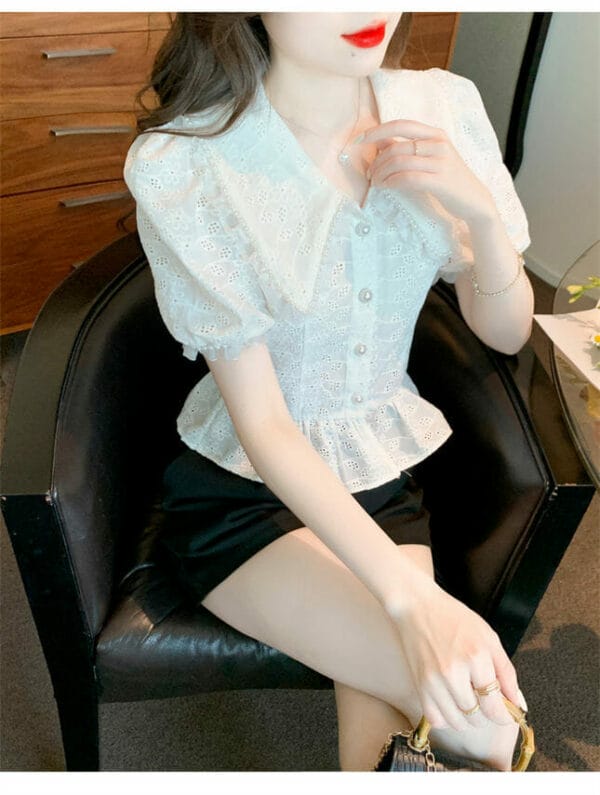Summer New Beads Doll Collar Hollow Out Short Blouse 4