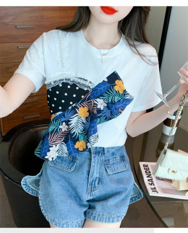 Summer New Beads Flowers Patches Short Sleeve T-shirts 5