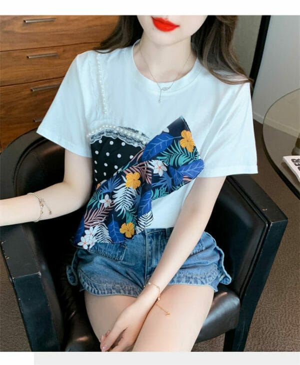 Summer New Beads Flowers Patches Short Sleeve T-shirts 3