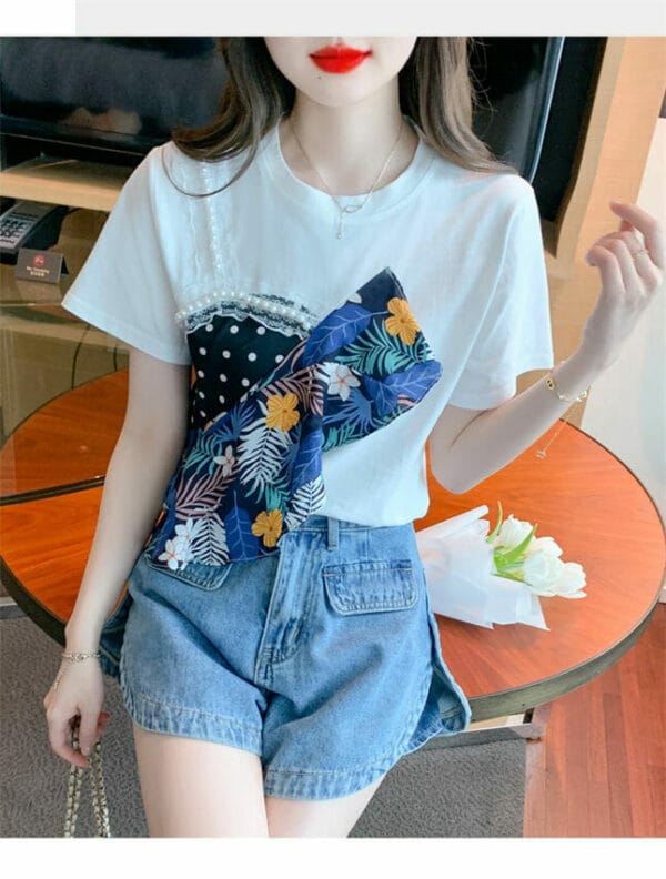 Summer New Beads Flowers Patches Short Sleeve T-shirts 2