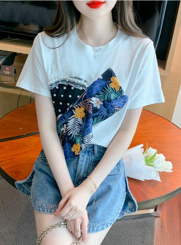 Summer New Beads Flowers Patches Short Sleeve T-shirts 1