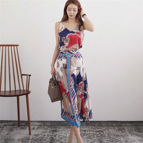 Summer New Flowers Camisole with Flouncing Long Skirt 4