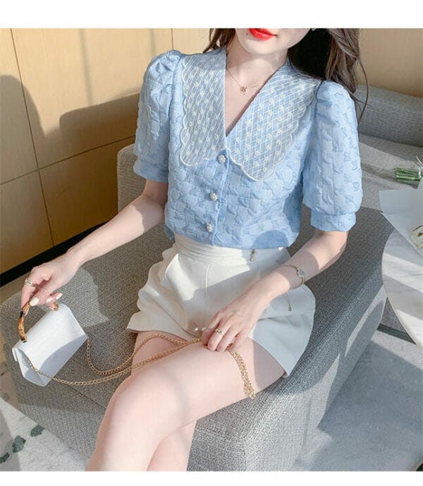 Summer New Lace Embroidery Collar Puff Sleeve Blouse 4