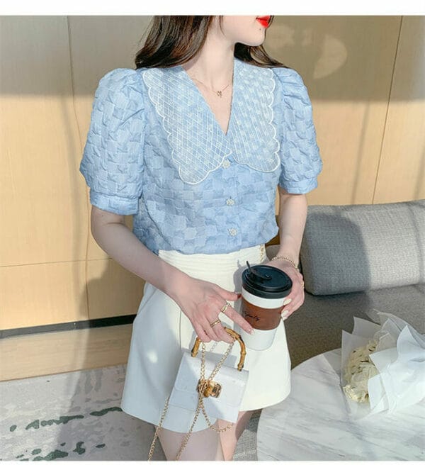 Summer New Lace Embroidery Collar Puff Sleeve Blouse 3
