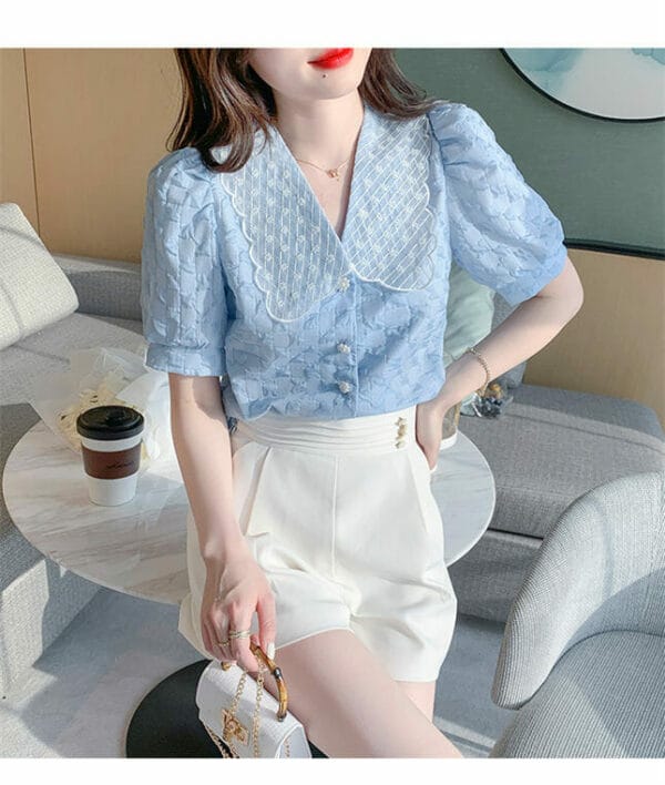 Summer New Lace Embroidery Collar Puff Sleeve Blouse 2