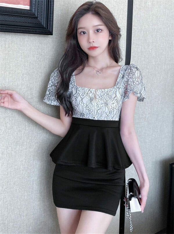 Summer New Lace Square Collar Flouncing Slim Dress 1