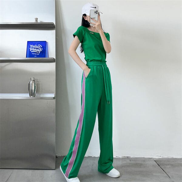 Summer New Off Shoulder T-shirt with Wide-leg Straight Pants 2